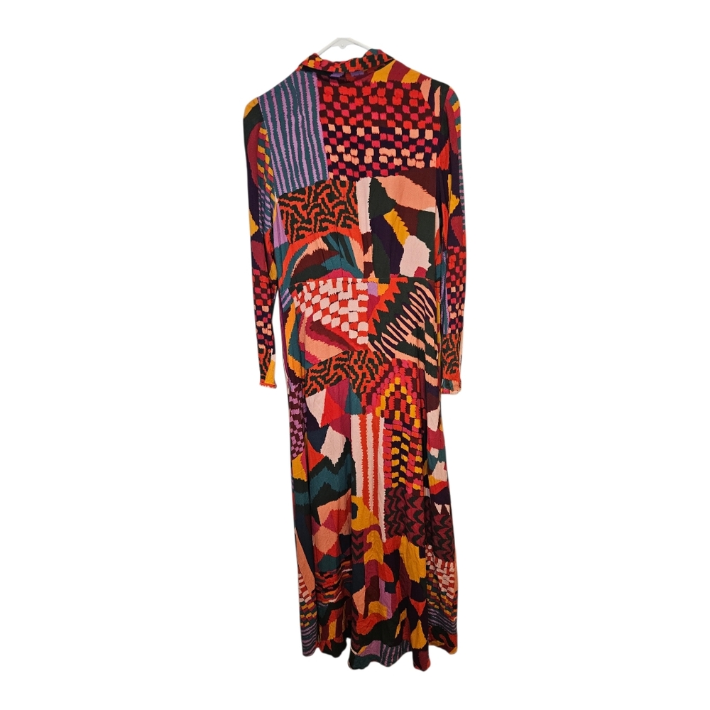 Farm Rio Red Abstract Patchwork Maxi Dress Long Sleeve Wrap Style Size Large - Picture 10 of 15